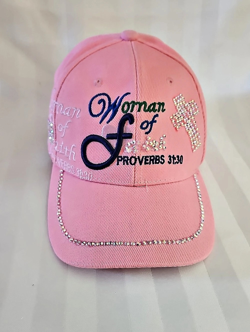 Woman of Faith Proverbs 31:30 Baseball Cap Pink Rhinestone